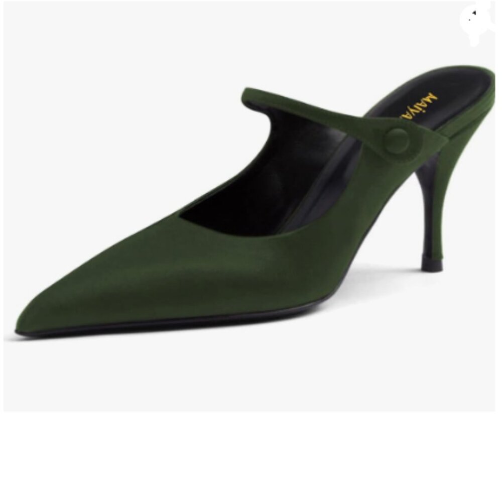 Maiyang Dark Green Button Strap High Heel Mules Elegant Closed Pointed Toe Pumps